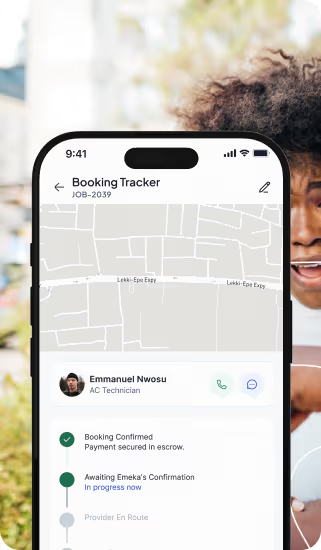 Mobile screen showing a booking tracker app with technician details and booking status updates.